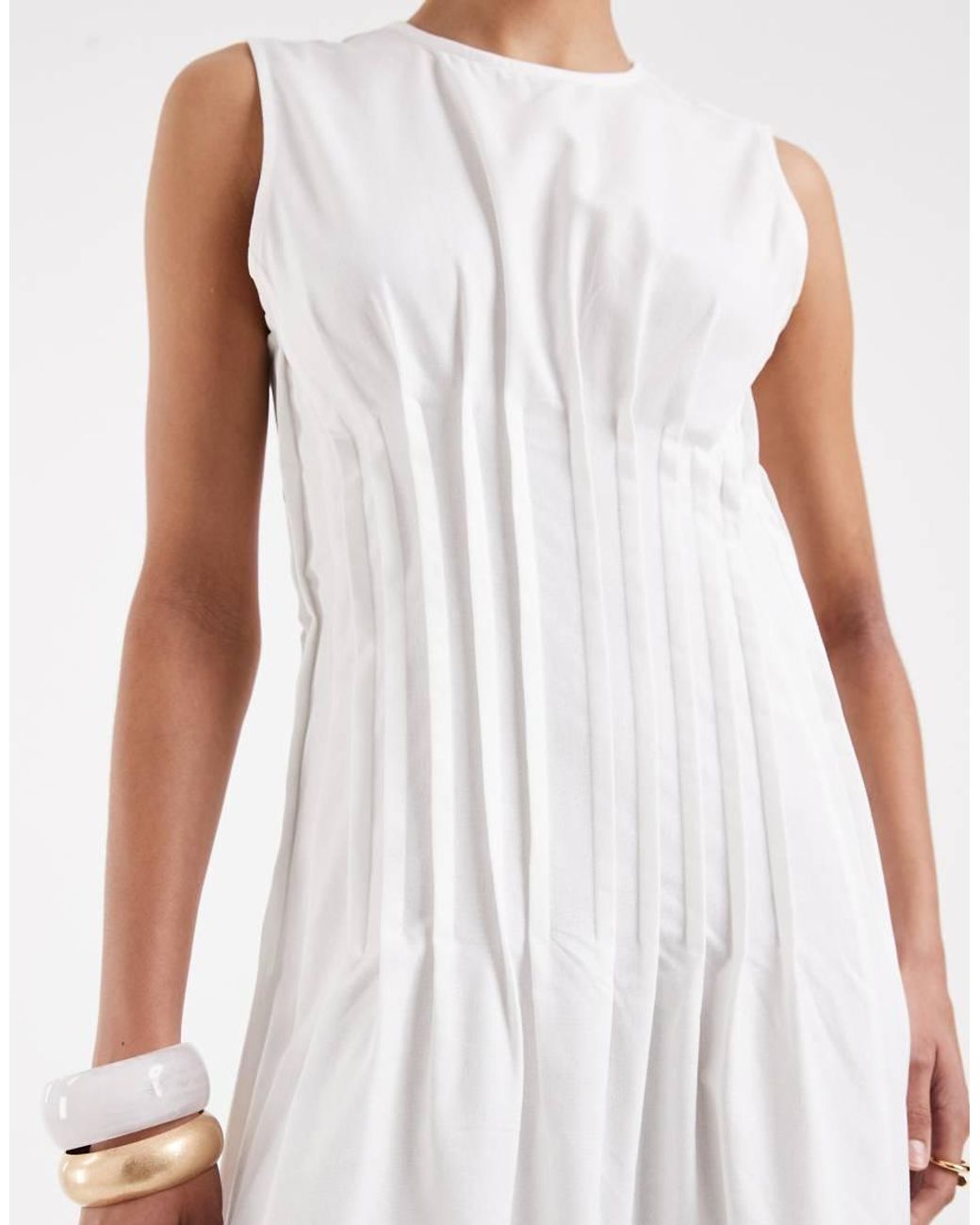 Vero Moda White Poplin Pleated Waist Sleeveless Midi Dress