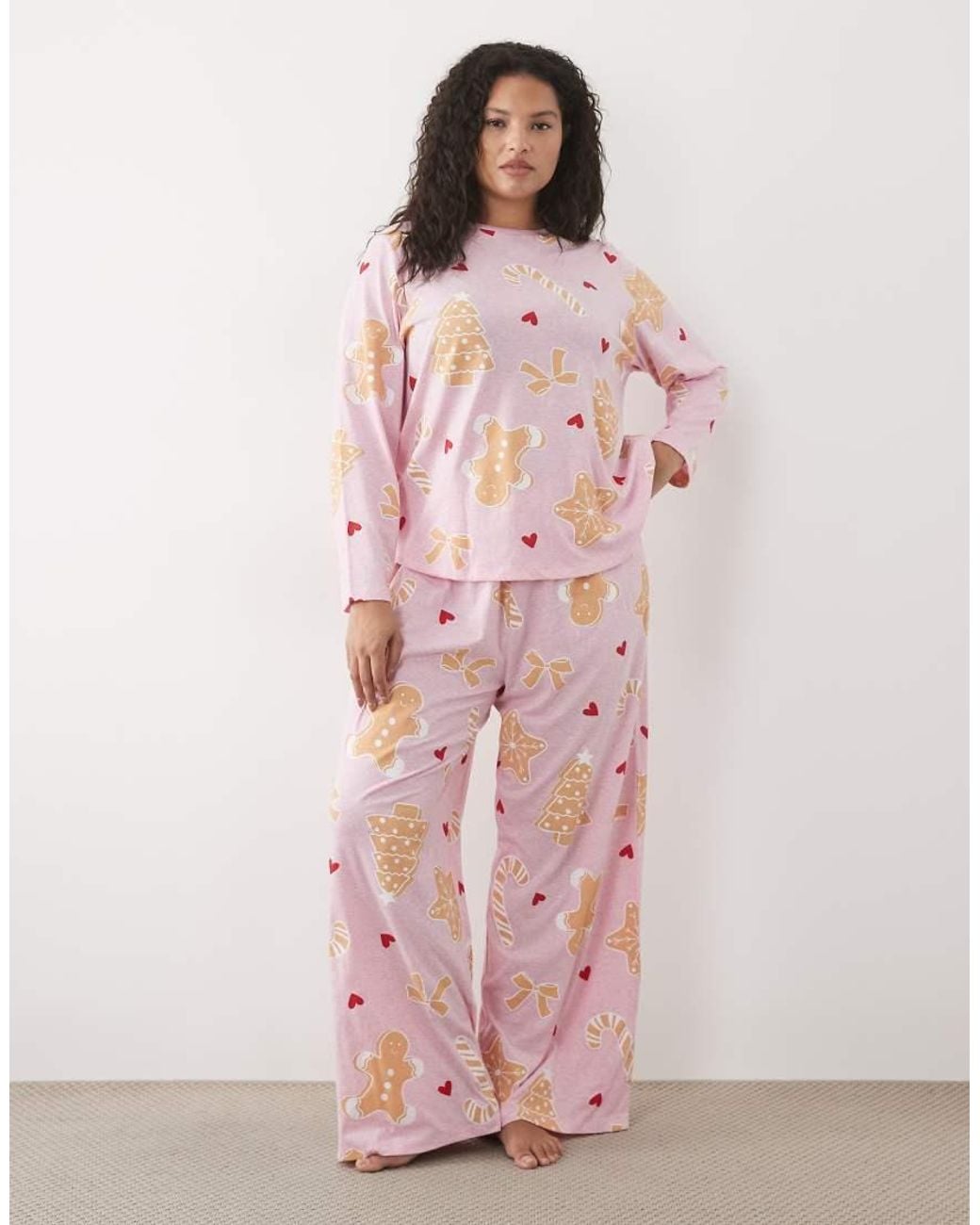 ASOS Pink Asos Design Curve Long Sleeve Top & Wide Leg Trouser Pyjama Set With Sweets Graphic