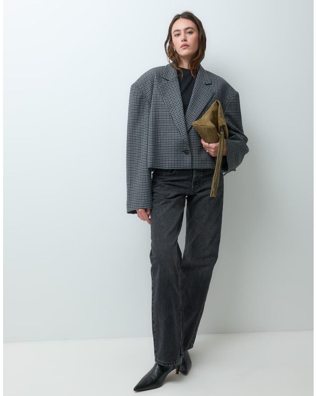 & Other Stories Gray Wool Blend Houndstooth Cropped Blazer