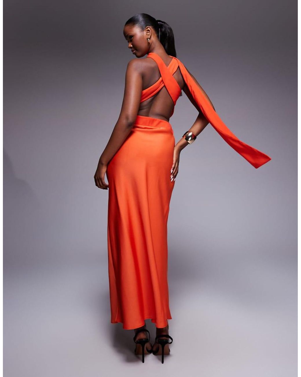 ASOS Red One Shoulder Satin Midi Dress With Neck Tie