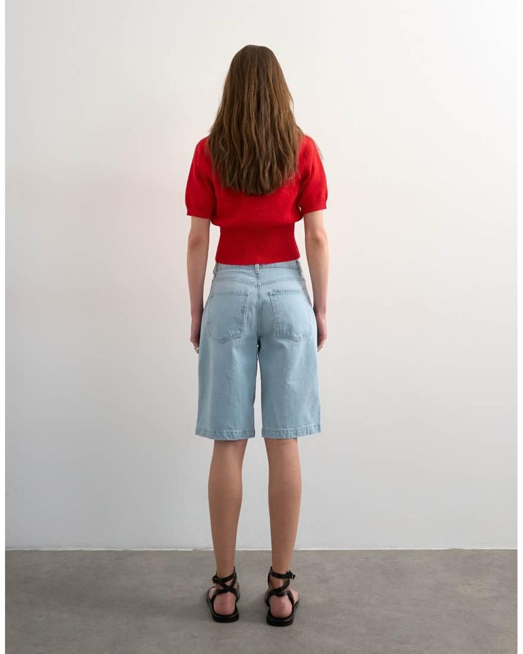TOPSHOP Red Denim Longline Shorts