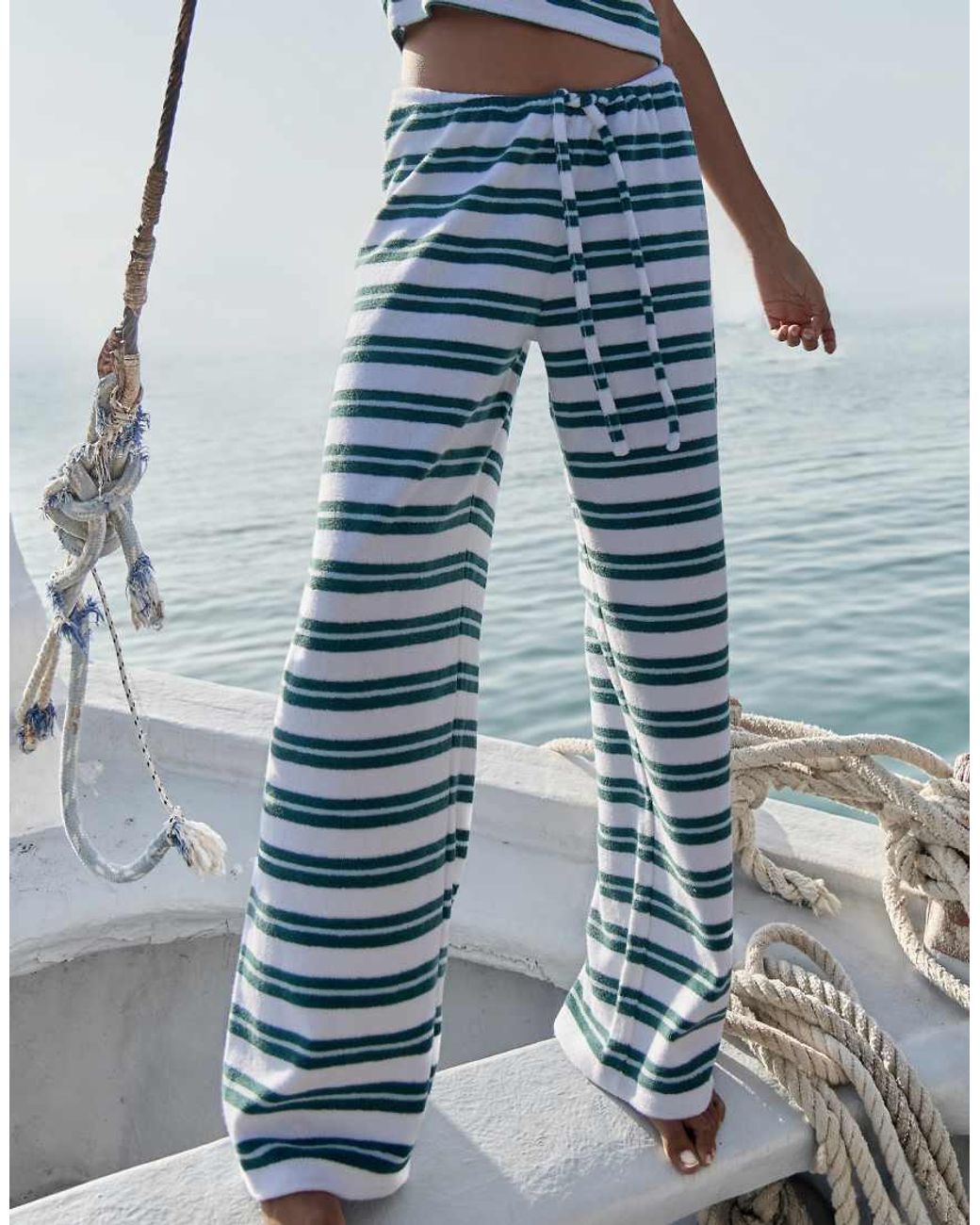 4th & Reckless Blue Towelling Tie Waist Wide Leg Trousers Co-ord
