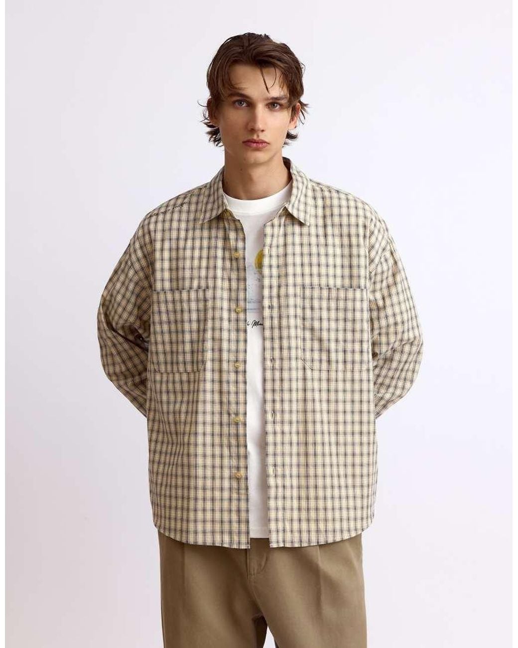 Pull&Bear Natural Long Sleeve Check Shirt for men