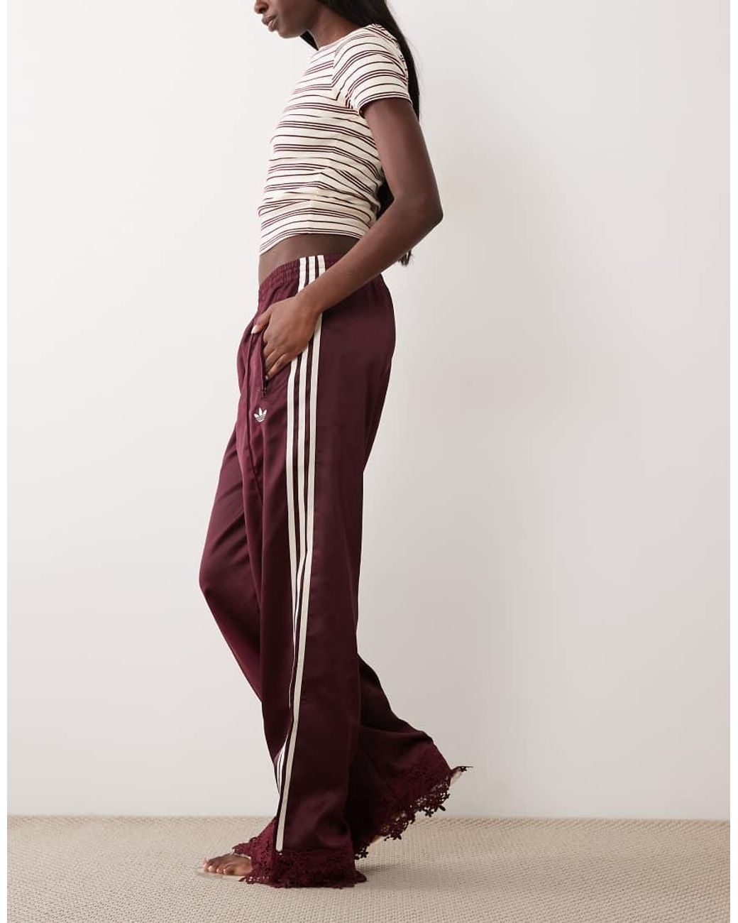 Adidas Originals Red Satin Firebird Track Pants With Lace Hem