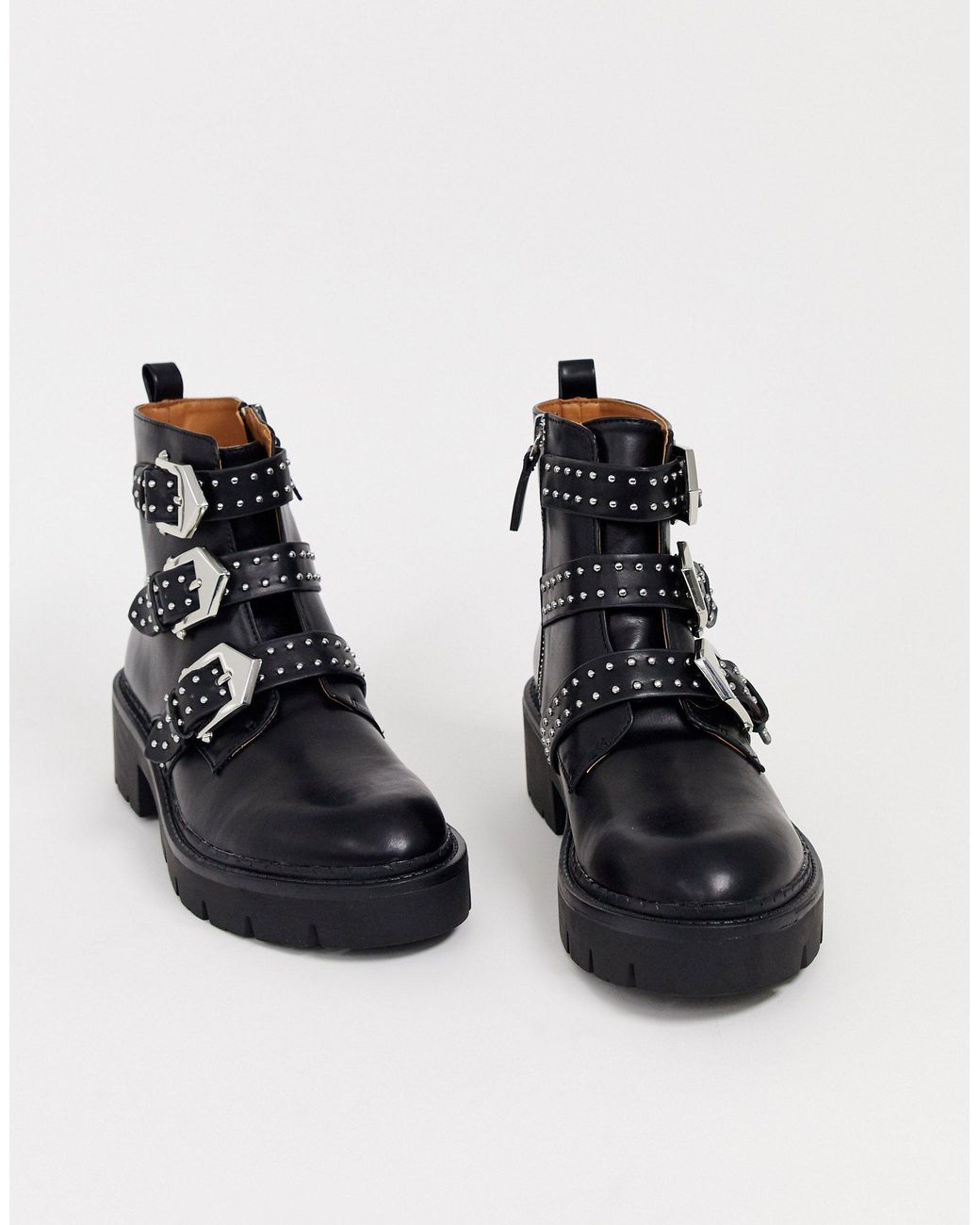 Pull&Bear Studded Multi Buckle Chunky Soled Boots in Black | Lyst