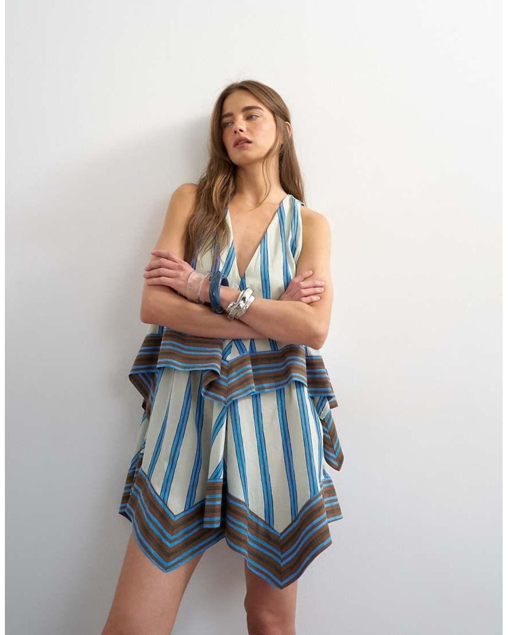 TOPSHOP Blue Cotton V Neck Smock Mini Dress