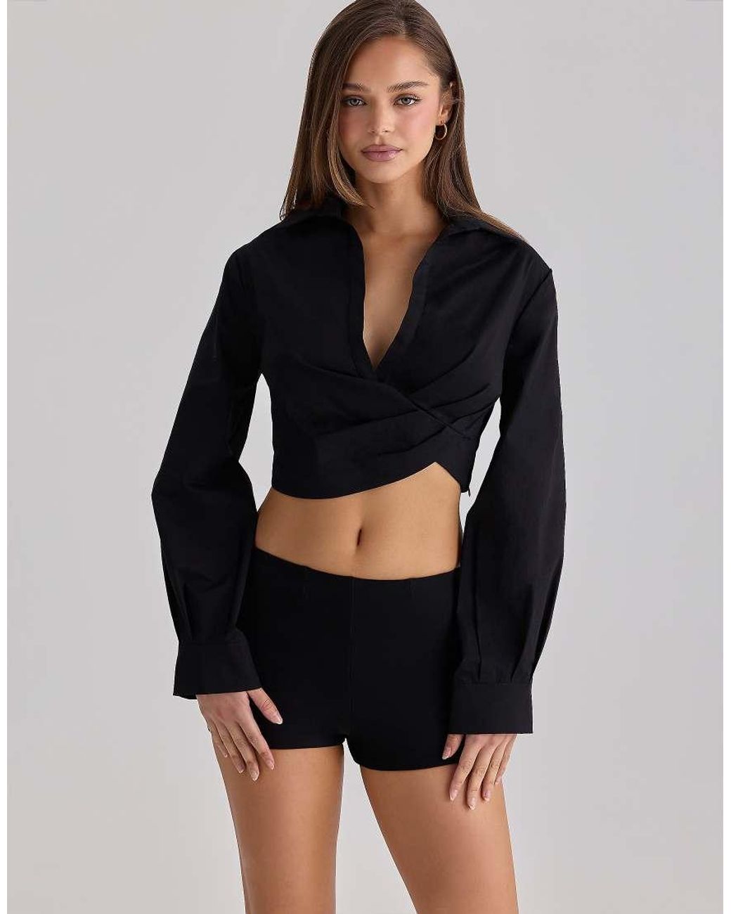 House Of Cb Blue Ivara Long Sleeve Cropped Cotton Shirt