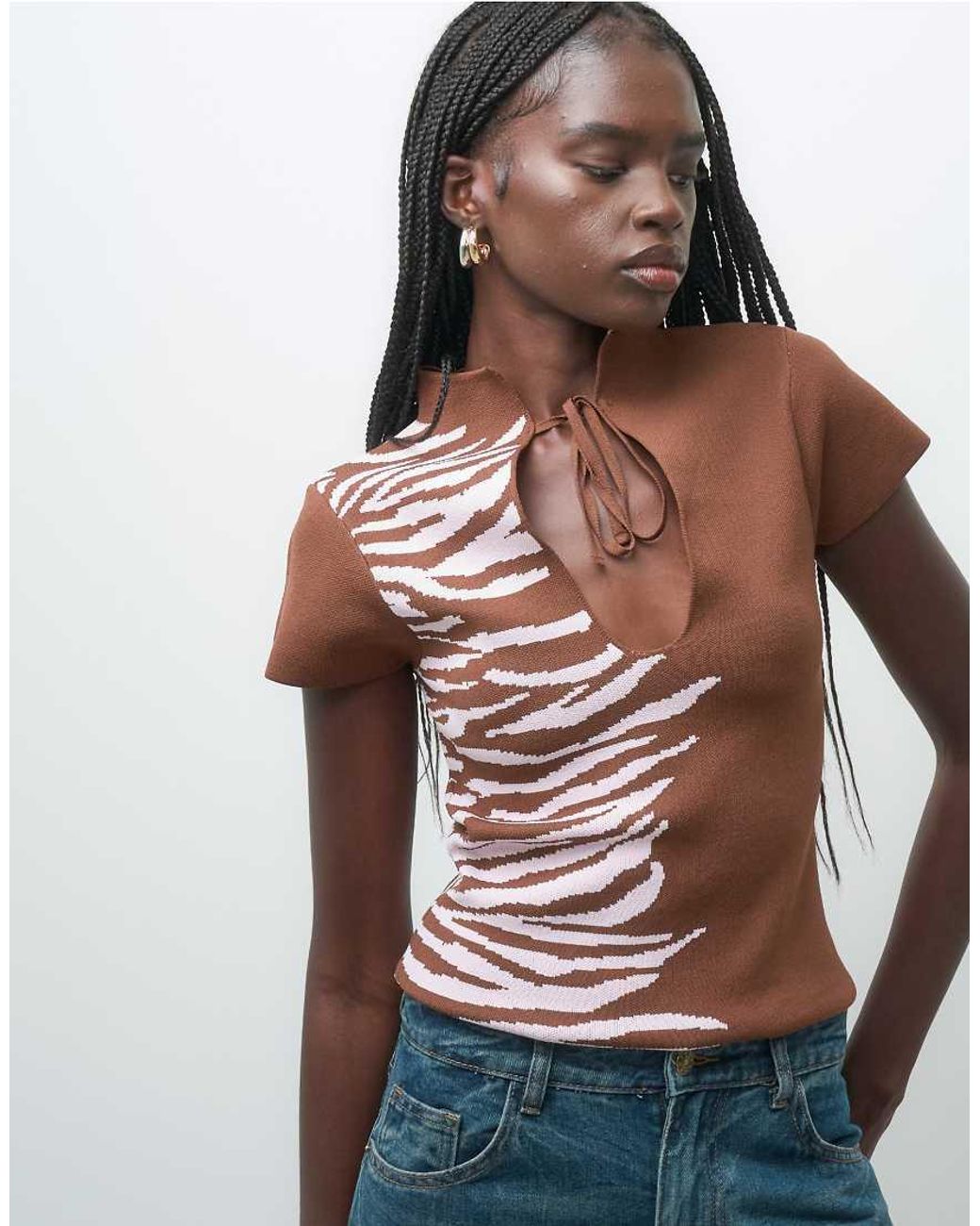 ASOS Blue Knitted Zebra Print Top With Keyhole Neckline
