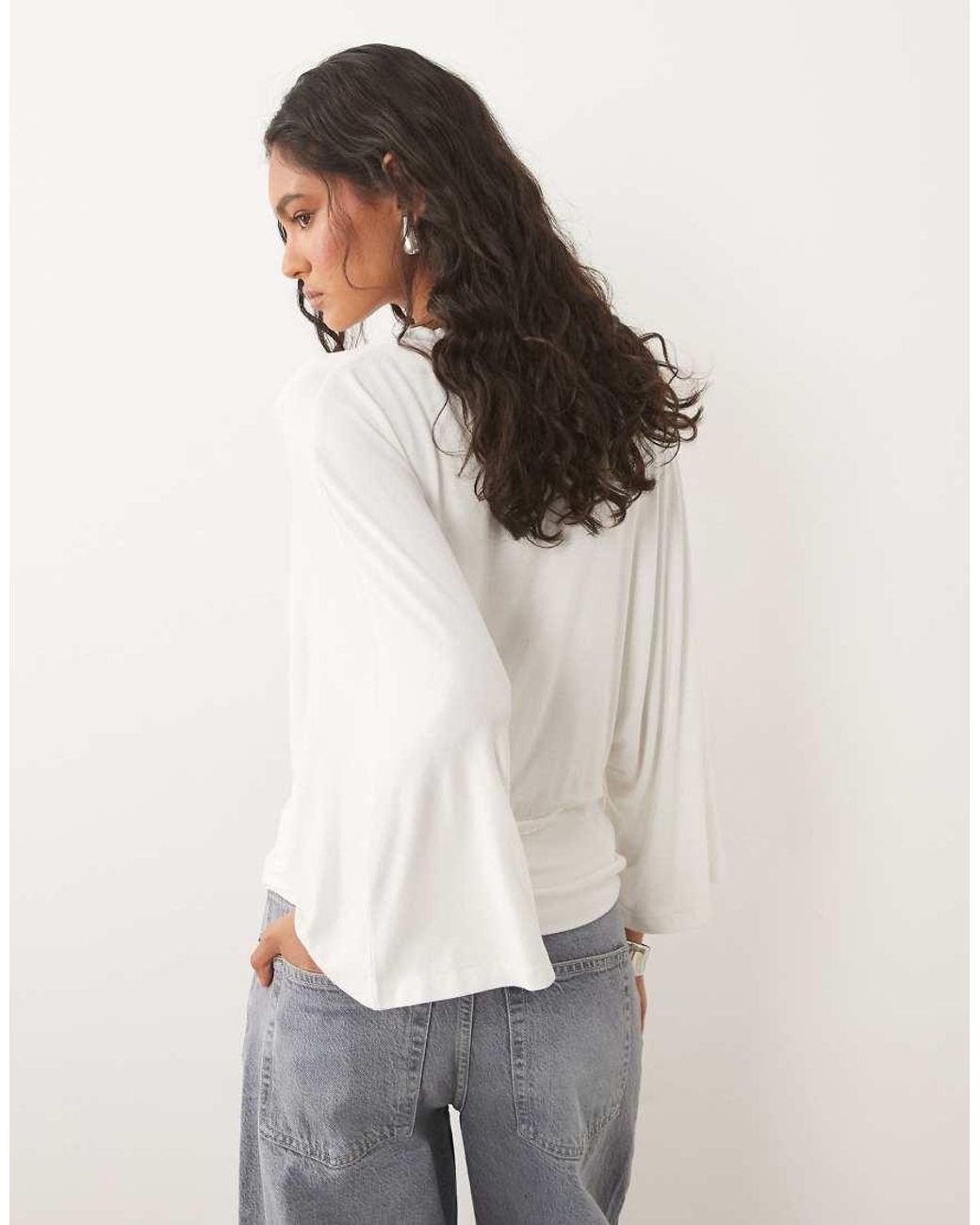 ASOS White Batwing Sleeve Cinched Waist Top