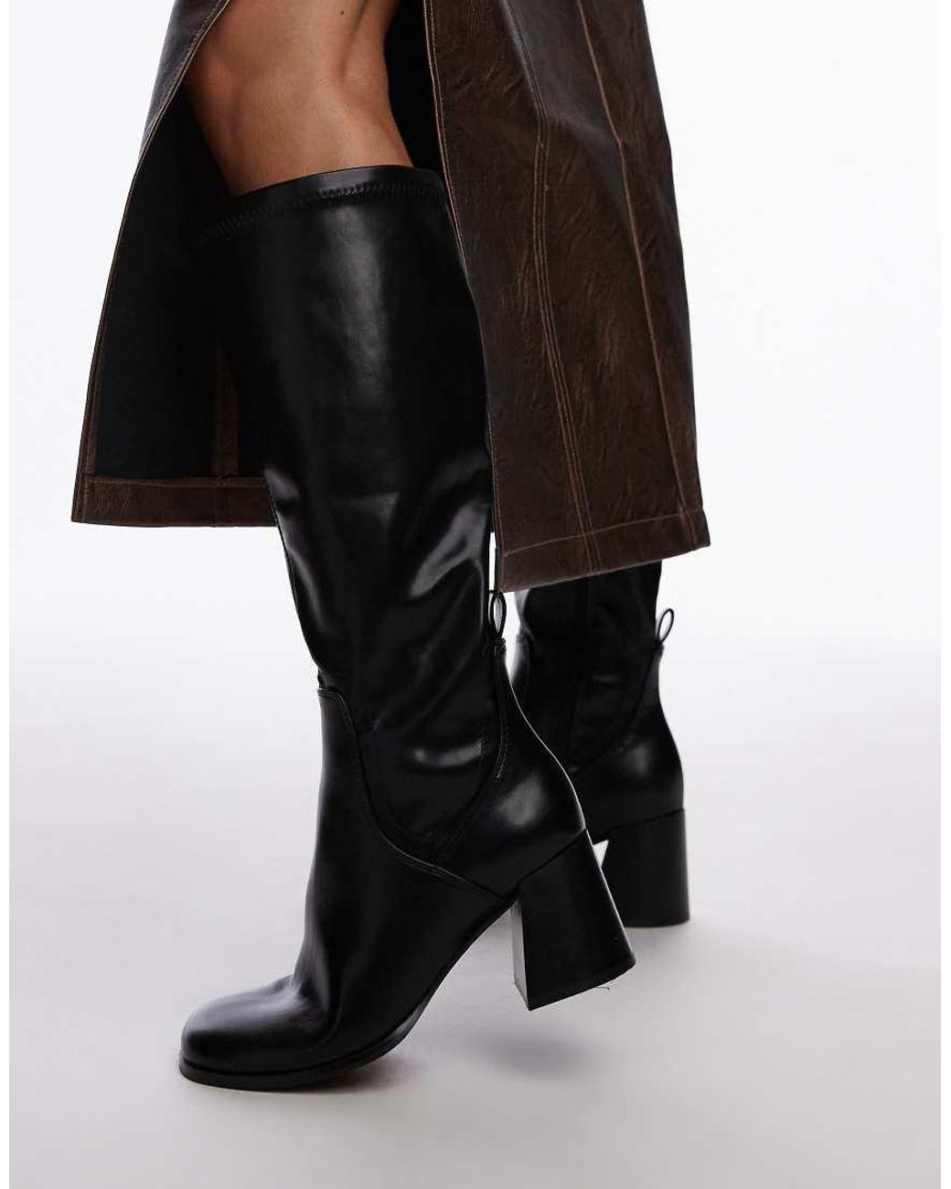 TOPSHOP Black Ren Knee High Heeled Boots