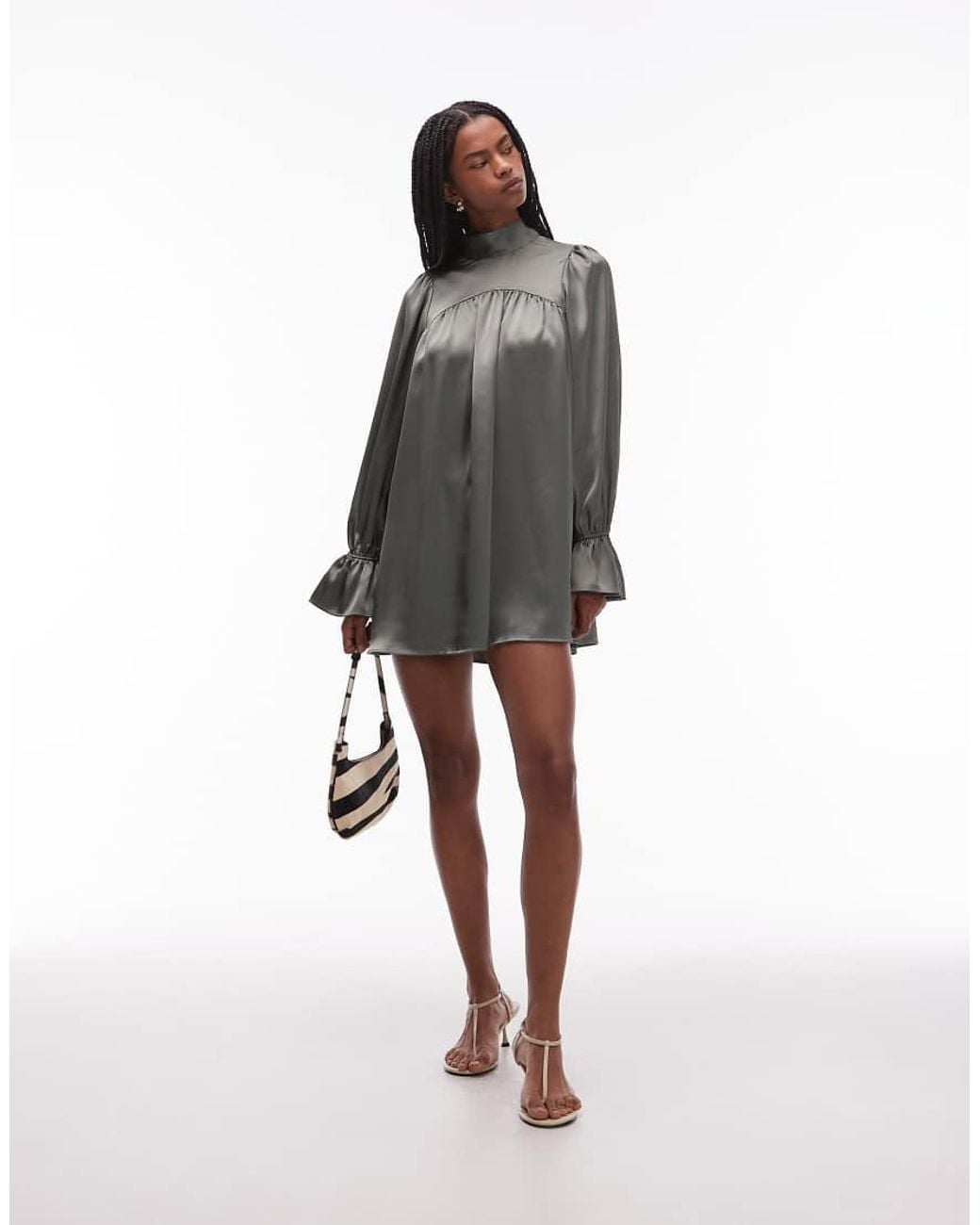ASOS Multicolor Satin High Neck Blouson Sleeve Mini Dress