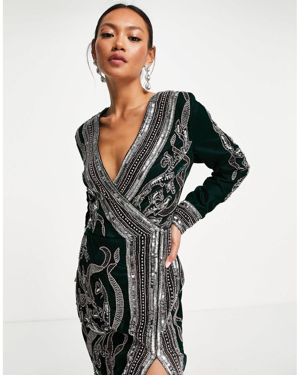 green emerald velvet dress Rent Asos Edition Velvet Wrap Midi Dress In Large Bloom Floral Embroidery  In Green