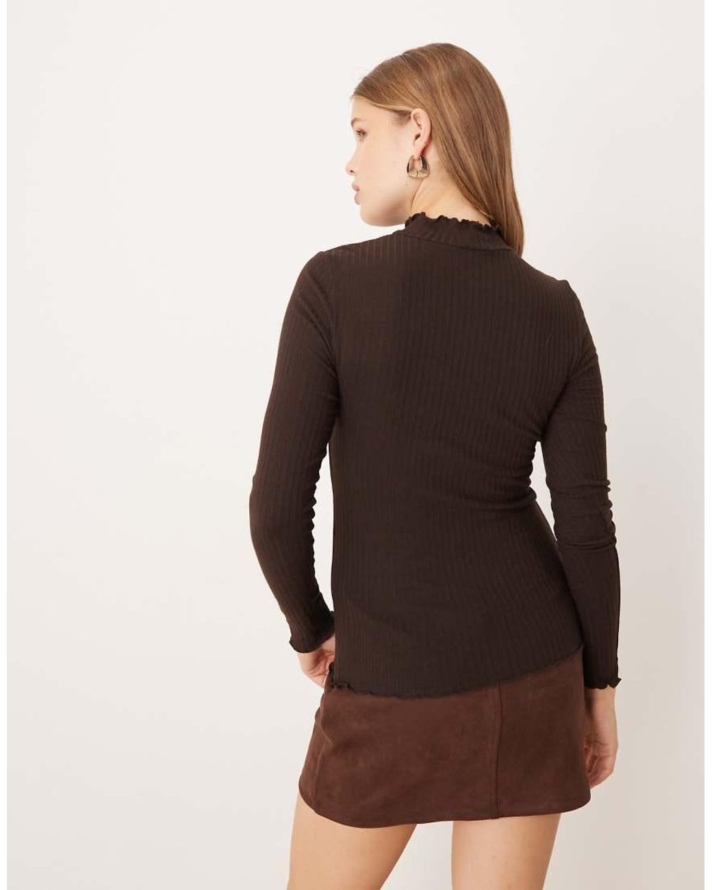 Jdy Brown Lettuce Edge Long Sleeve Top
