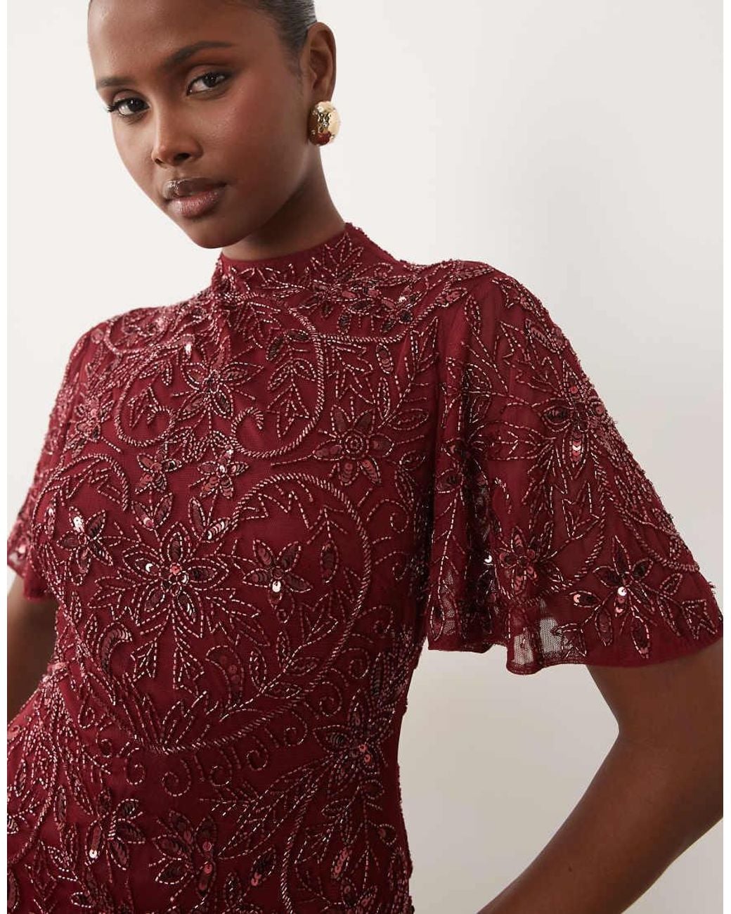 Beauut Red Embellished High Neck Flutter Sleeve Maxi Dress