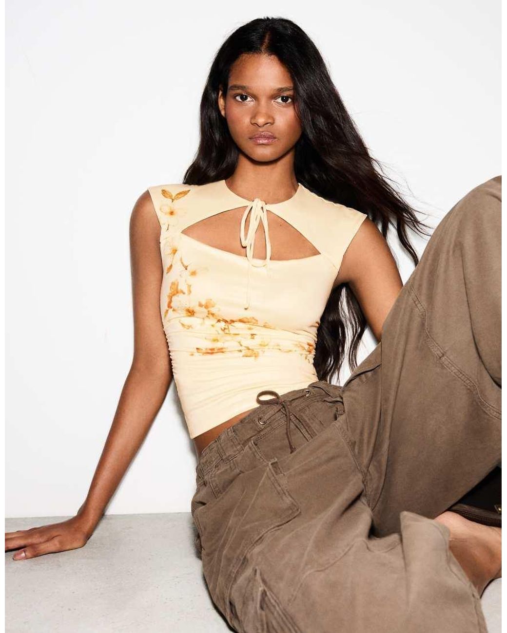 Bershka Brown Printed Top With Split