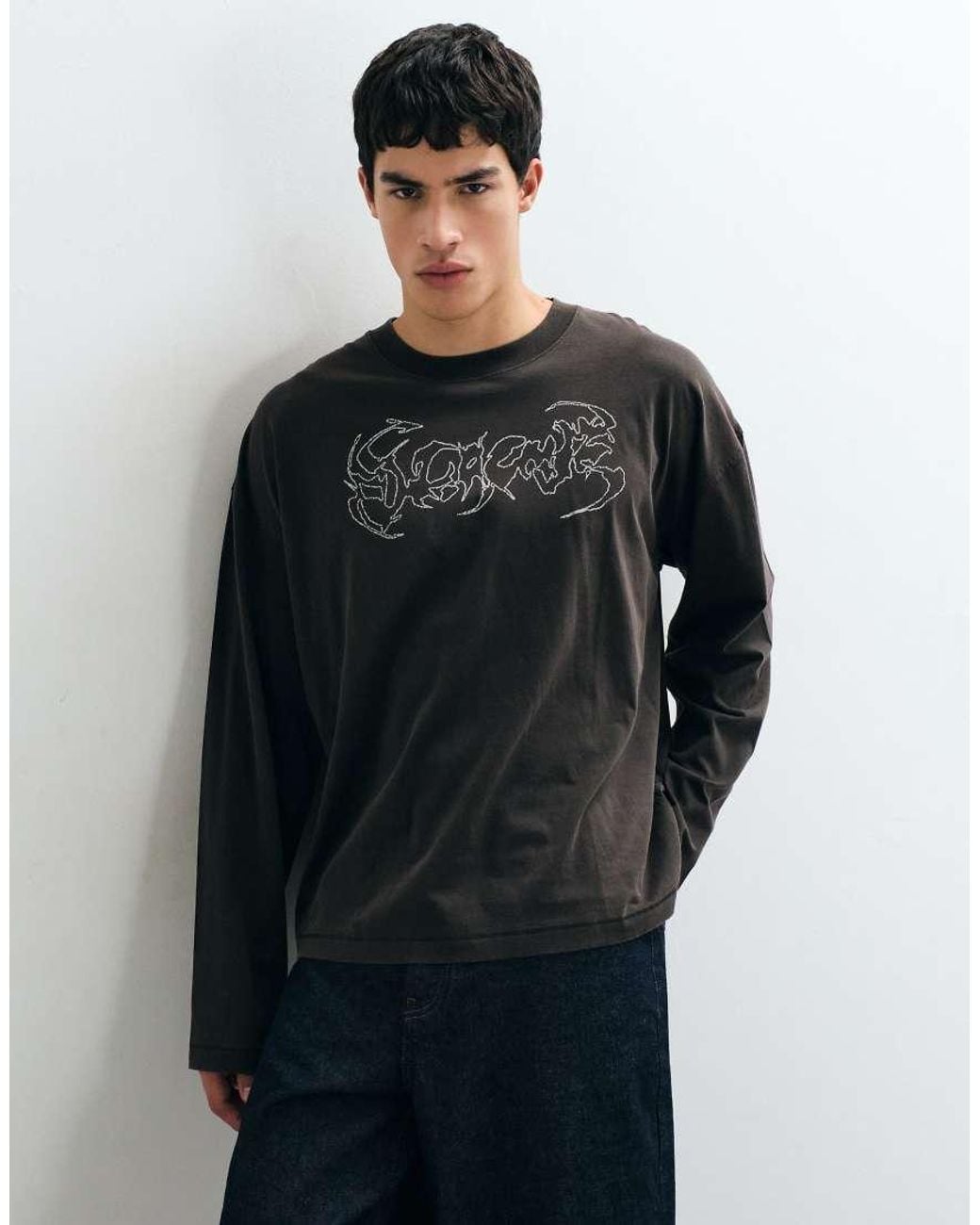 Weekday Black Oversized Long Sleeve T-shirt With Abstract Text Print for men