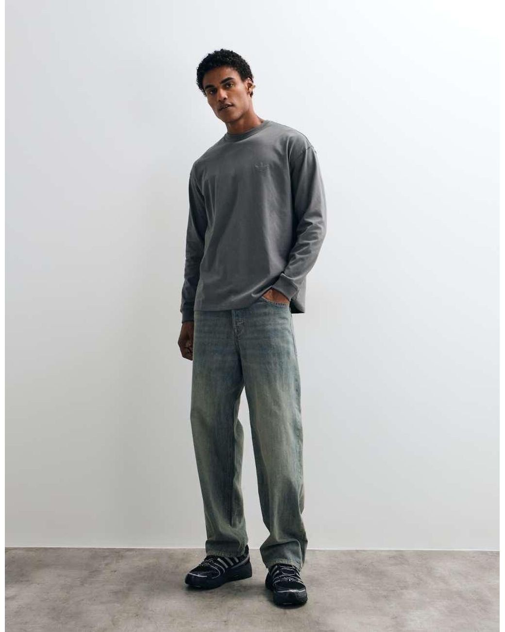 Adidas Originals Gray Back Embroidered Long Sleeve T-Shirt for men