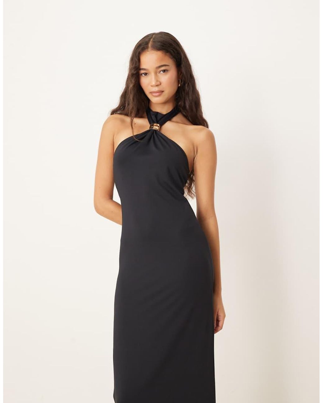 ASOS Blue High Neck Maxi Sleeveless Dress With Gold Metal Hardware Trim Detail