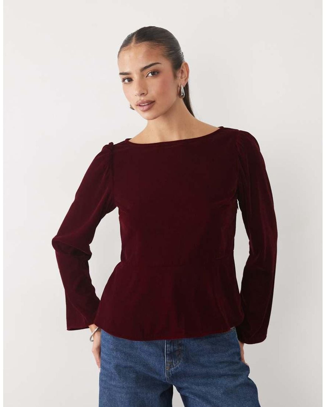 Nobody's Child Red Eva Velvet Boat Neck Flare Sleeve Top
