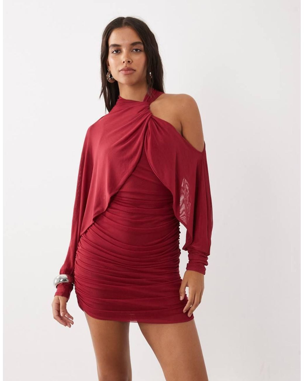 ASOS Red Mesh Asymmetric Ruched Mini Dress With Batwing Sleeve