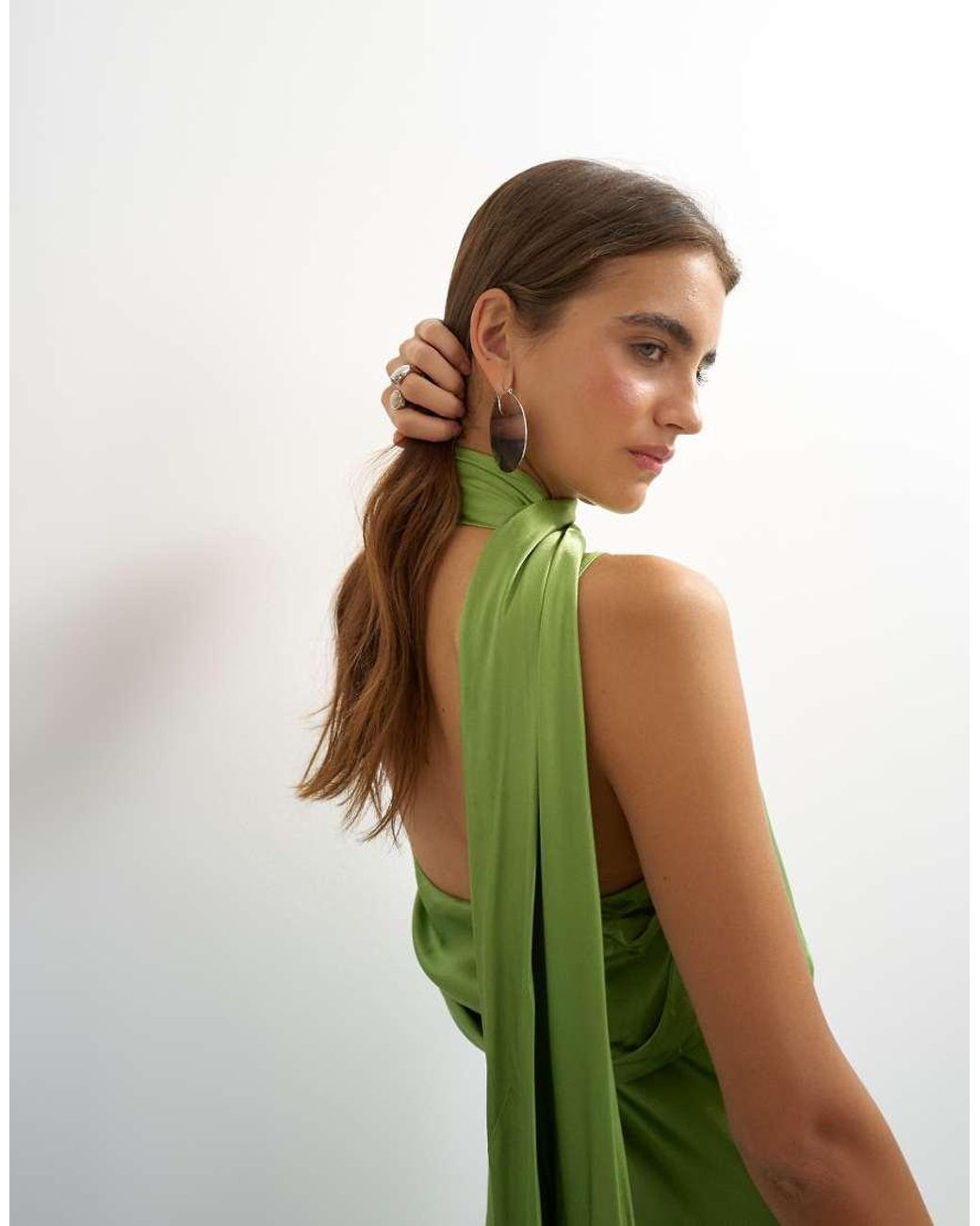 TOPSHOP Green Satin Slip Maxi Dress With Scarf Neck Detail