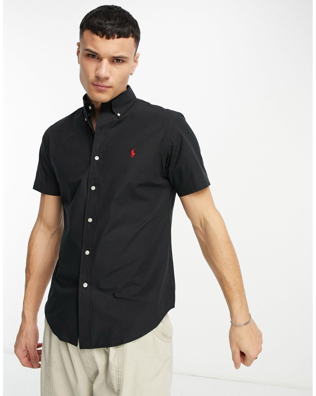 Polo Ralph Lauren Icon Logo Short Sleeve Cotton Stretch Poplin Shirt Custom  Fit in Black for Men | Lyst