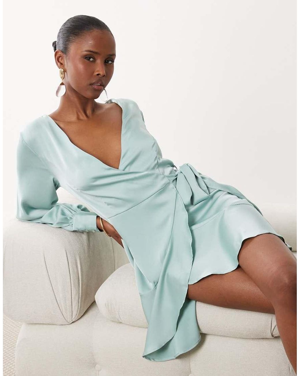 Vila Blue Long Sleeve Satin Wrap Mini Dress