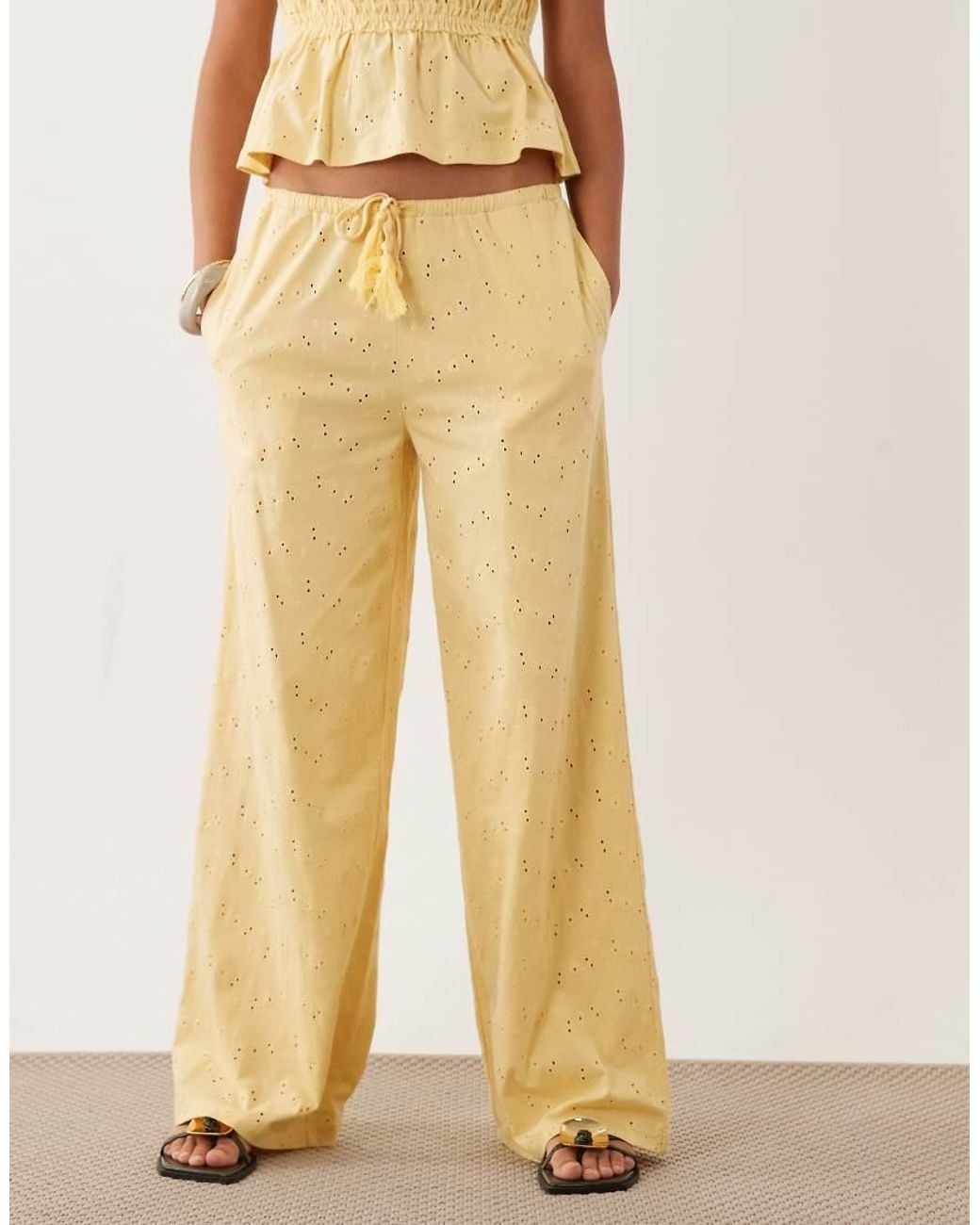 ASOS Natural Wide Leg Drawcord Tassel Detail Jersey Broderie Co-ord Trouser