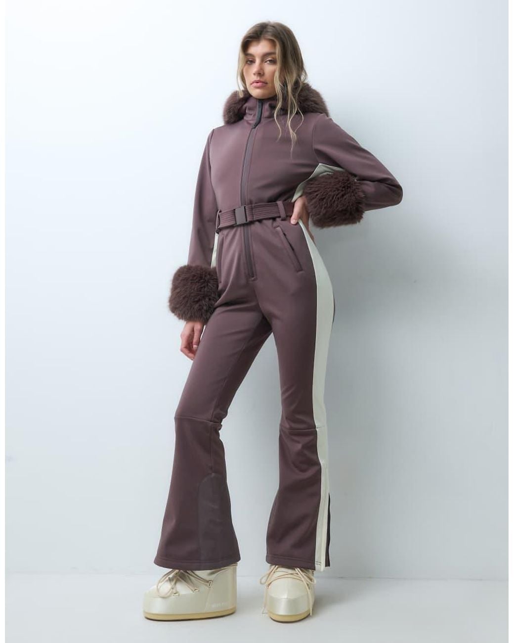 ASOS 4505 Ski & Snow Brown 4505 Ski Soft Shell Belted Ski Suit With Side Stripe And Faux Fur Trim