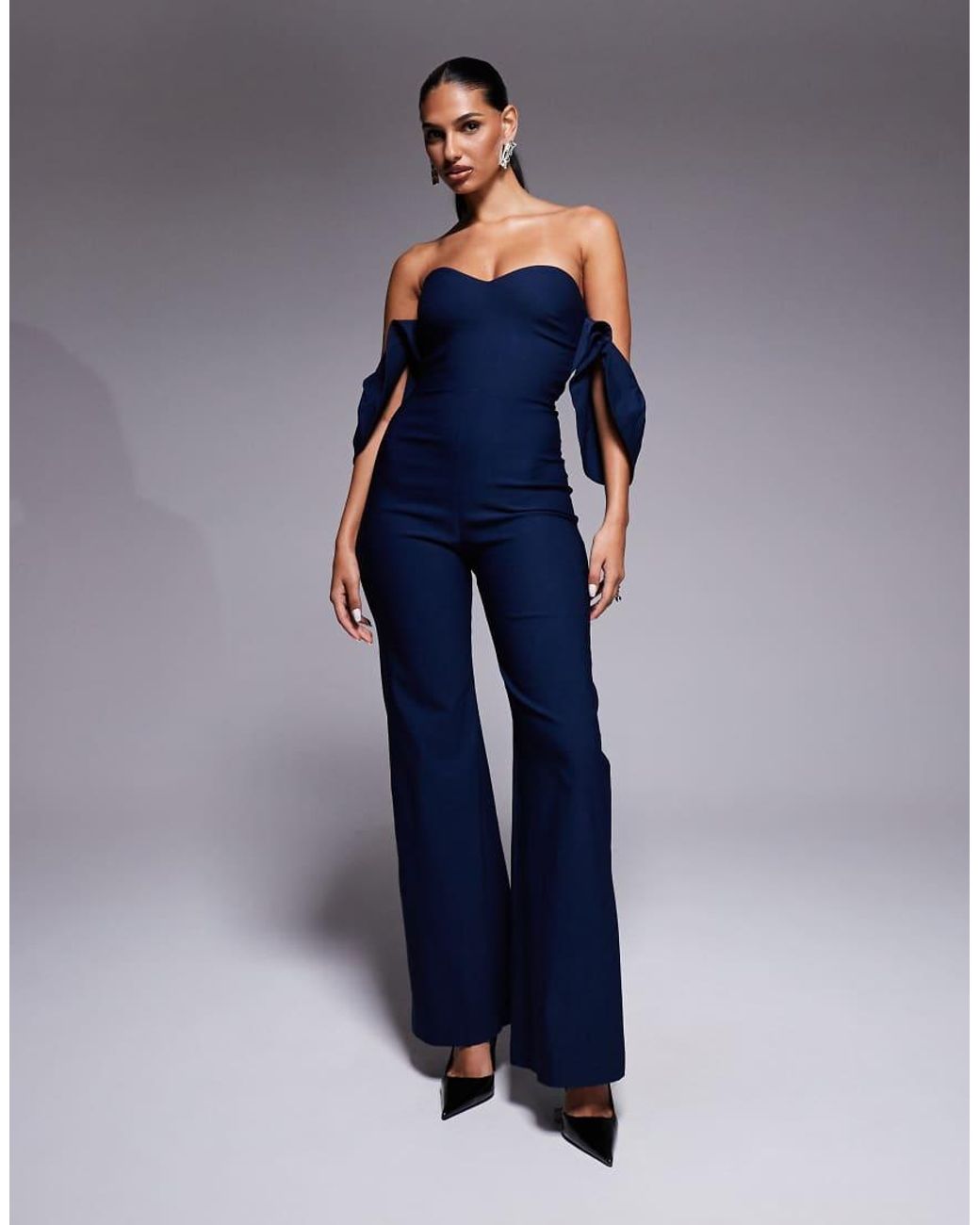 Vesper Blue Square Neck Ruffle Sleeve Wide Leg Jumpsuit