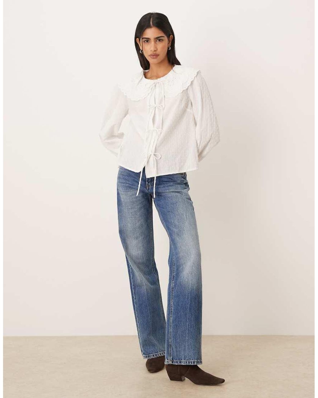 Nobody's Child White Jolie Broderie Oversized Collar Dobby Tie Front Shirt