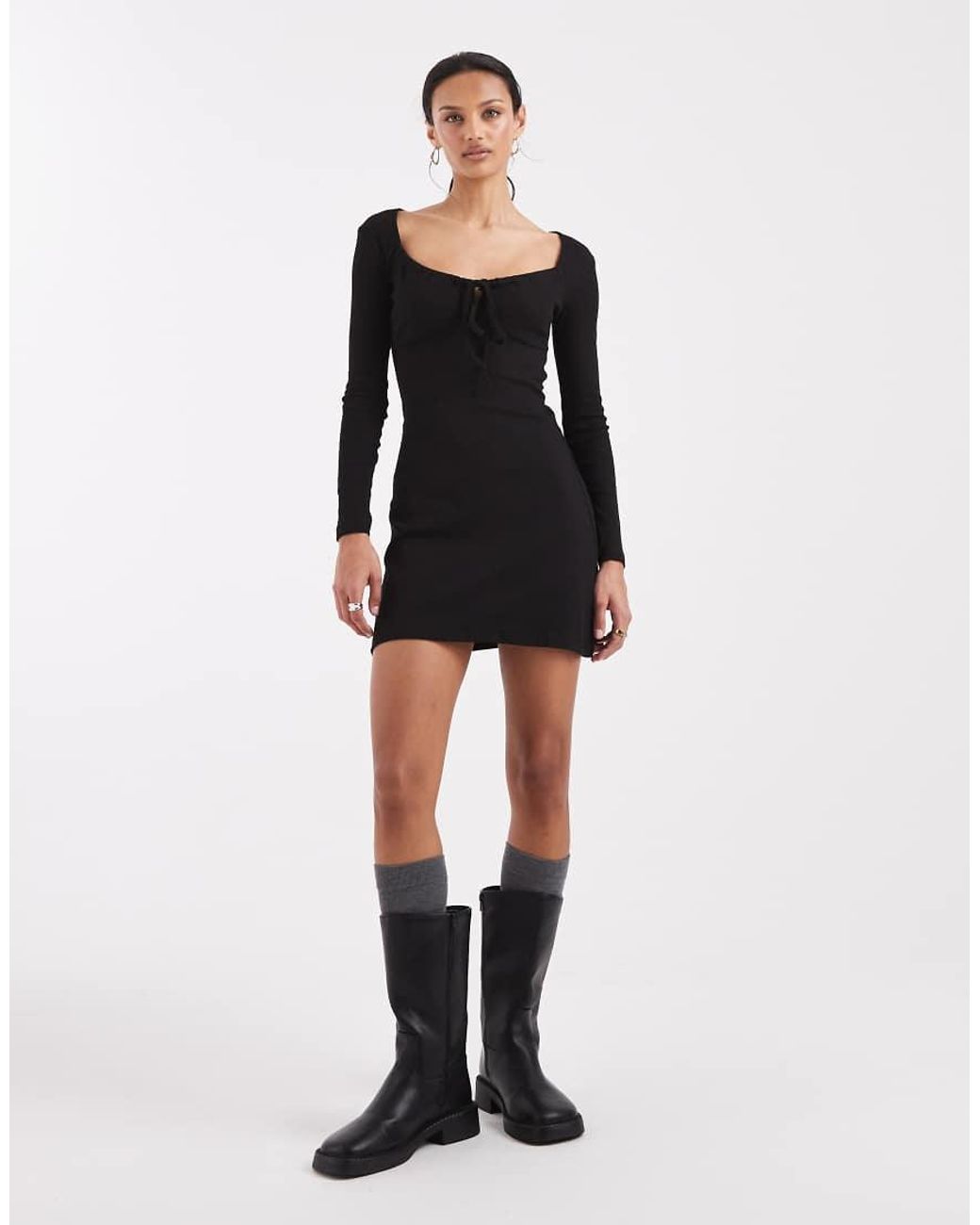 Brave Soul Black Long Sleeve Jersey Mini Dress With Tie Front Detail