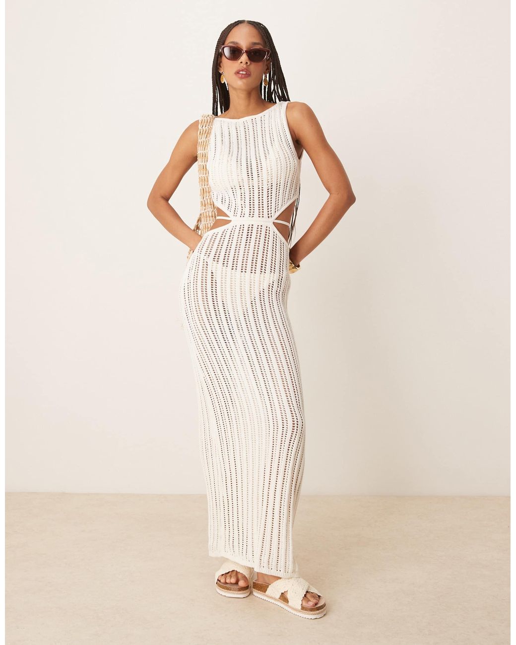 Abercrombie & Fitch Textured Slash Neck Cutout Waist Maxi Dress in Natural  | Lyst