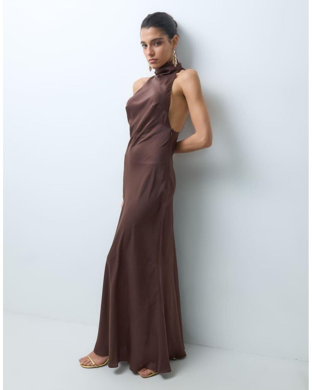 ASOS Brown Funnel Neck Bias Cut Sleeveless Satin Maxi Dress