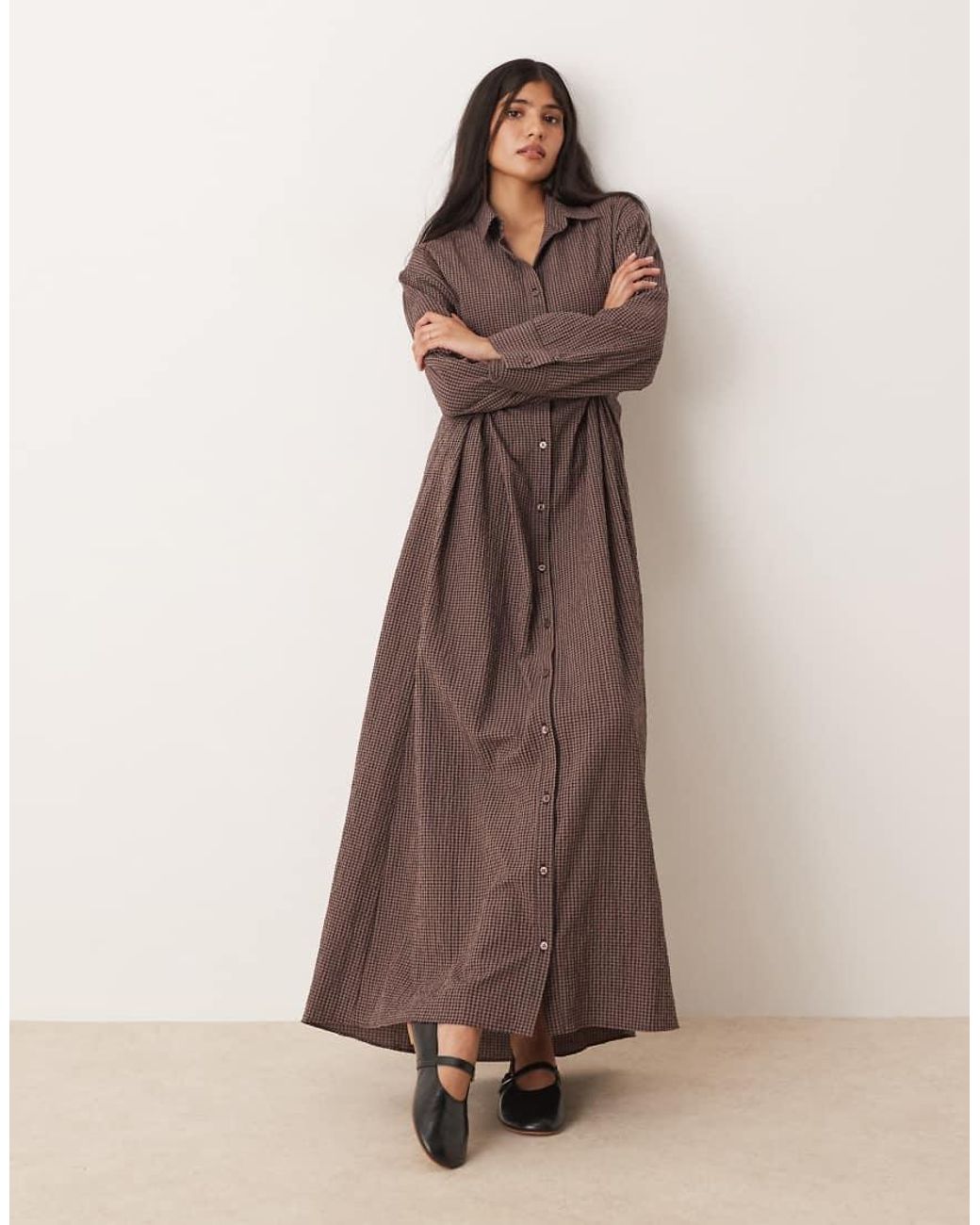 ASOS Brown Maxi Shirt Dress With Cinched Waist Detail