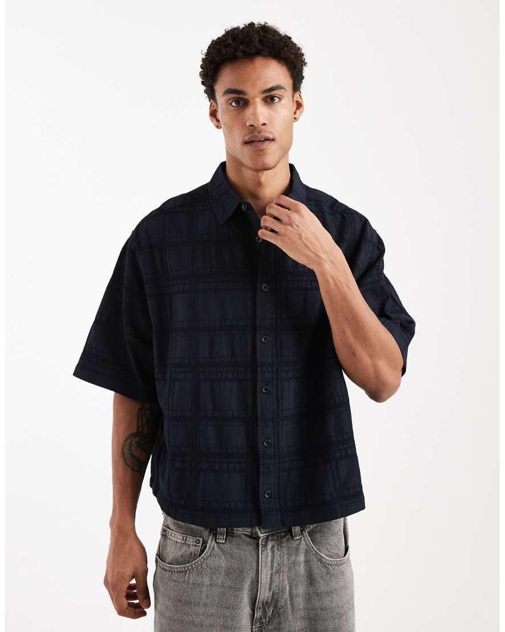 ASOS Blue Boxy Oversized Shirt With Textured Check for men