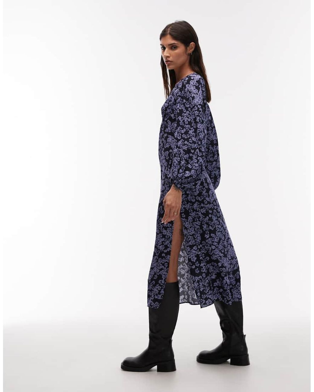 & Other Stories Blue Midi Dress With Side Splits And Volume Sleeves