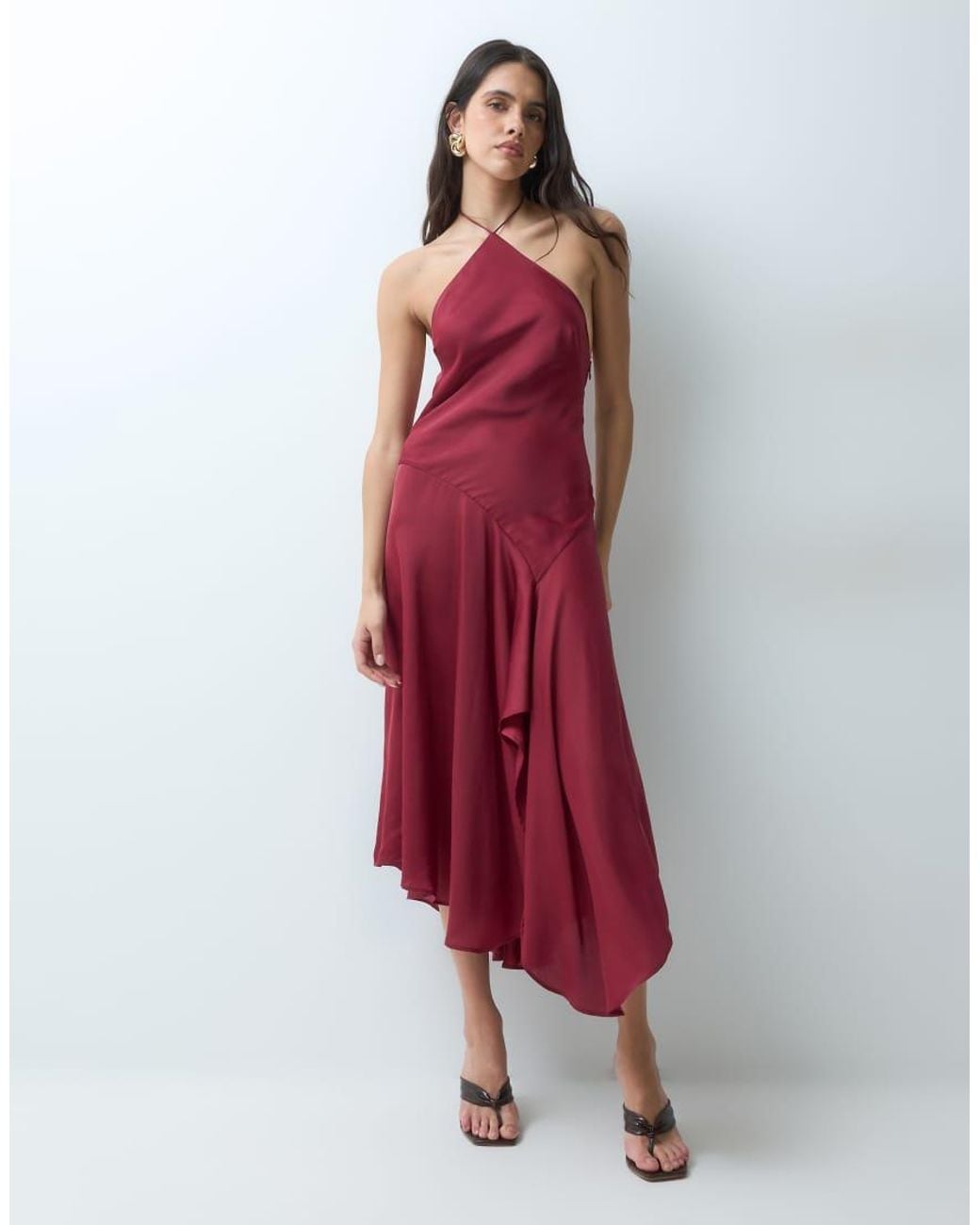 ASOS Red Halter Neck Asymmetric Hem Maxi Dress With Embellished Tie Ends