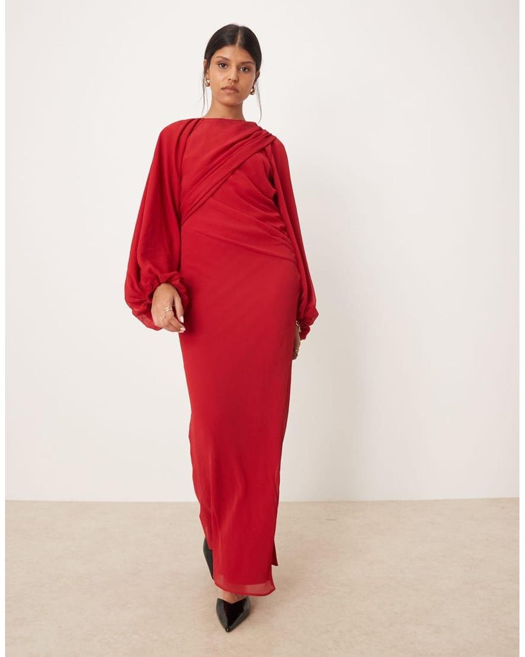 ASOS Red Drape Front Maxi Dress With Blouson Sleeves