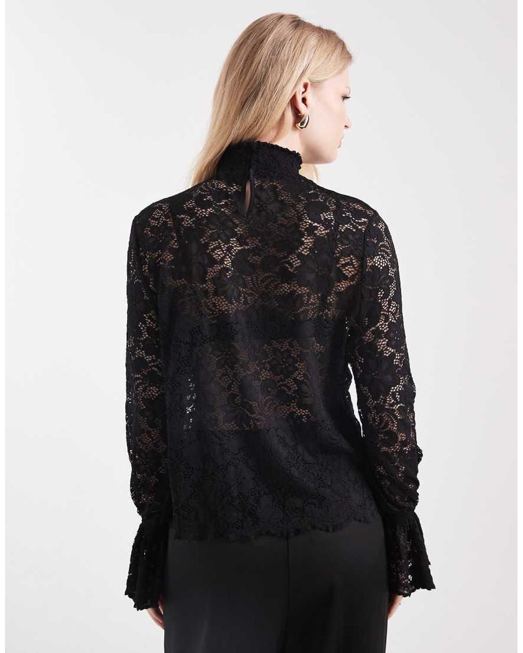 Pieces Black Frill Cuff High Neck Lace Top