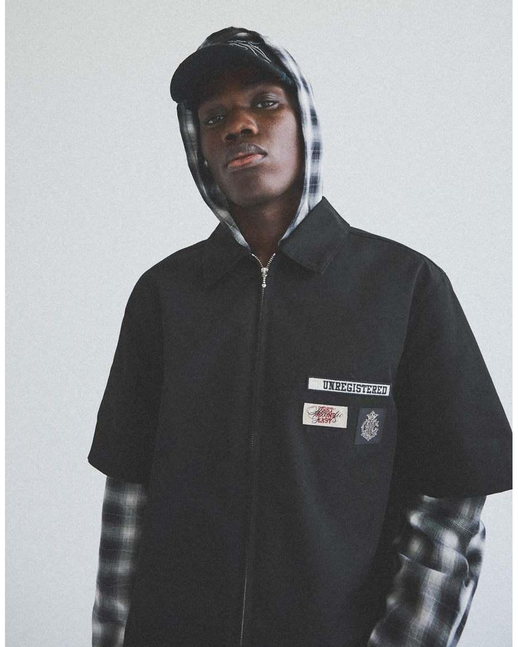 Bershka Gray Checked Double-sleeve Shirt With Hood for men