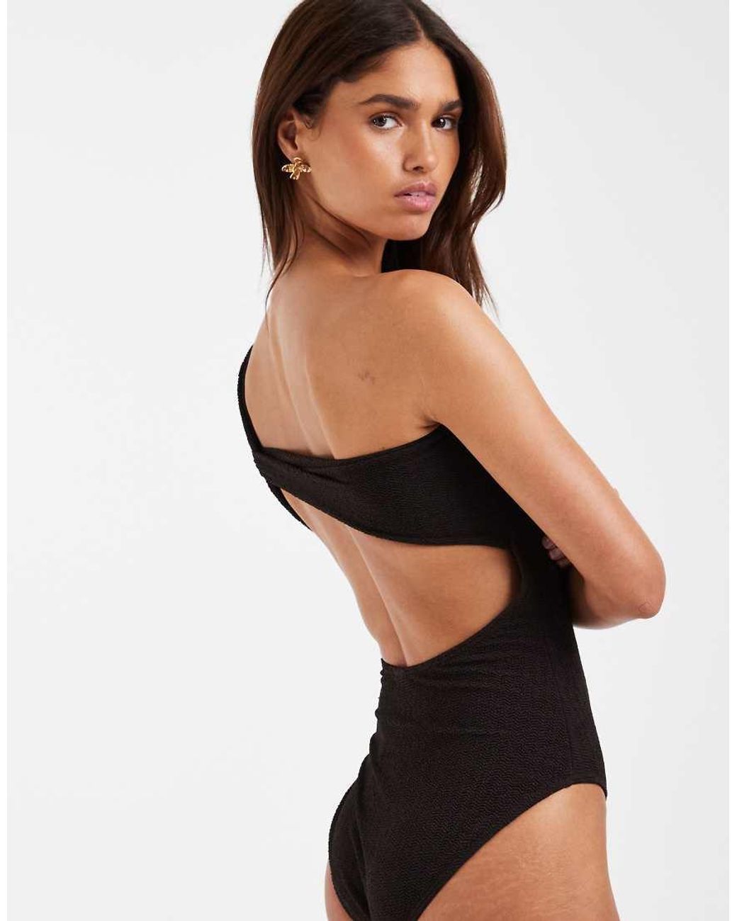 Vero Moda Black Crinkle One Shoulder Swimsuit