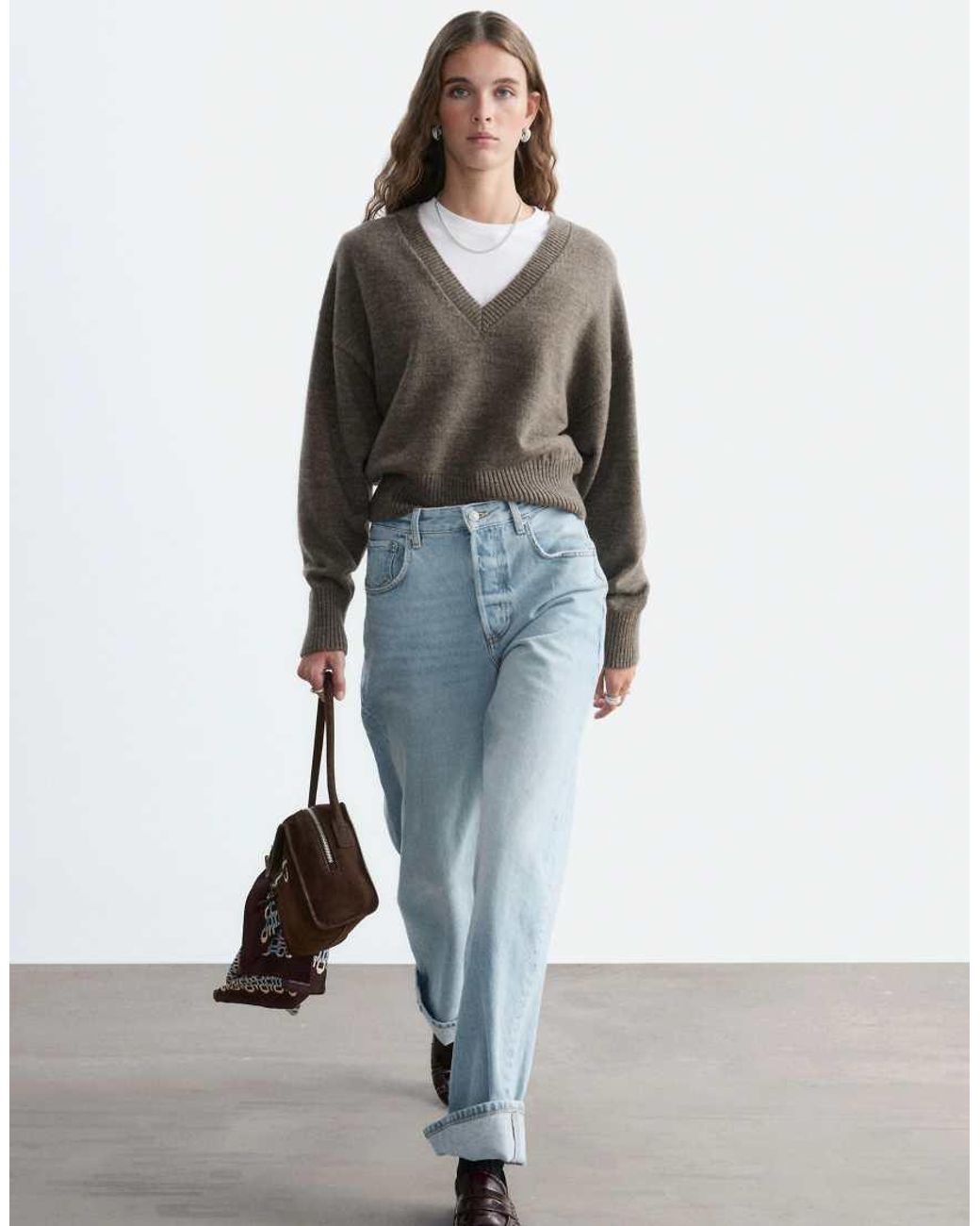 & Other Stories Brown V Neck Rib Sweater