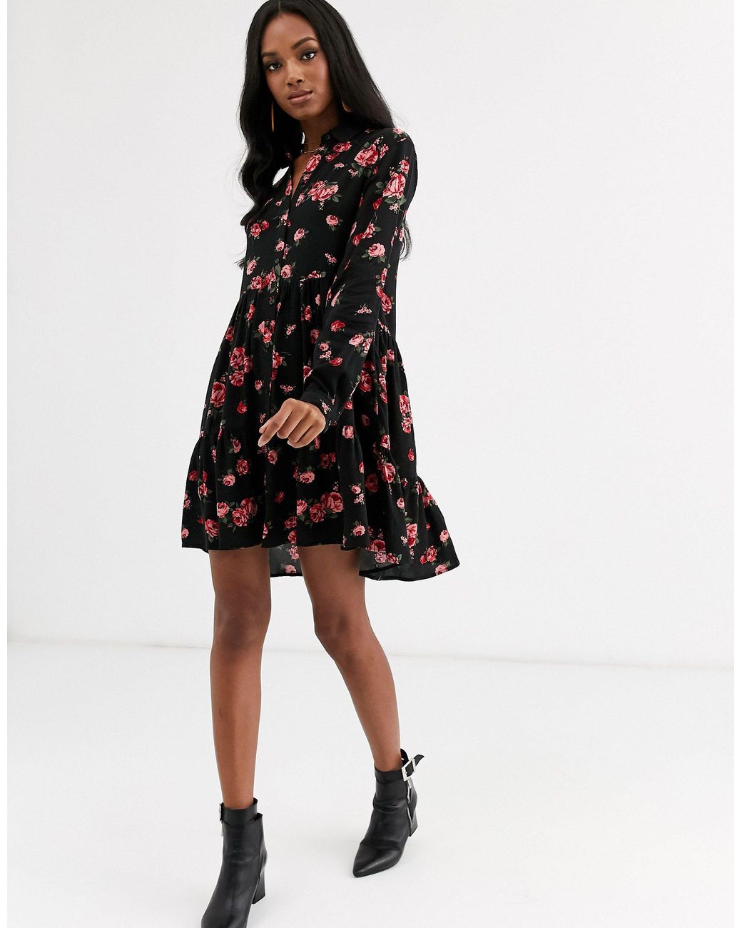 Vestido camisero con estampado floral color Negro | Lyst