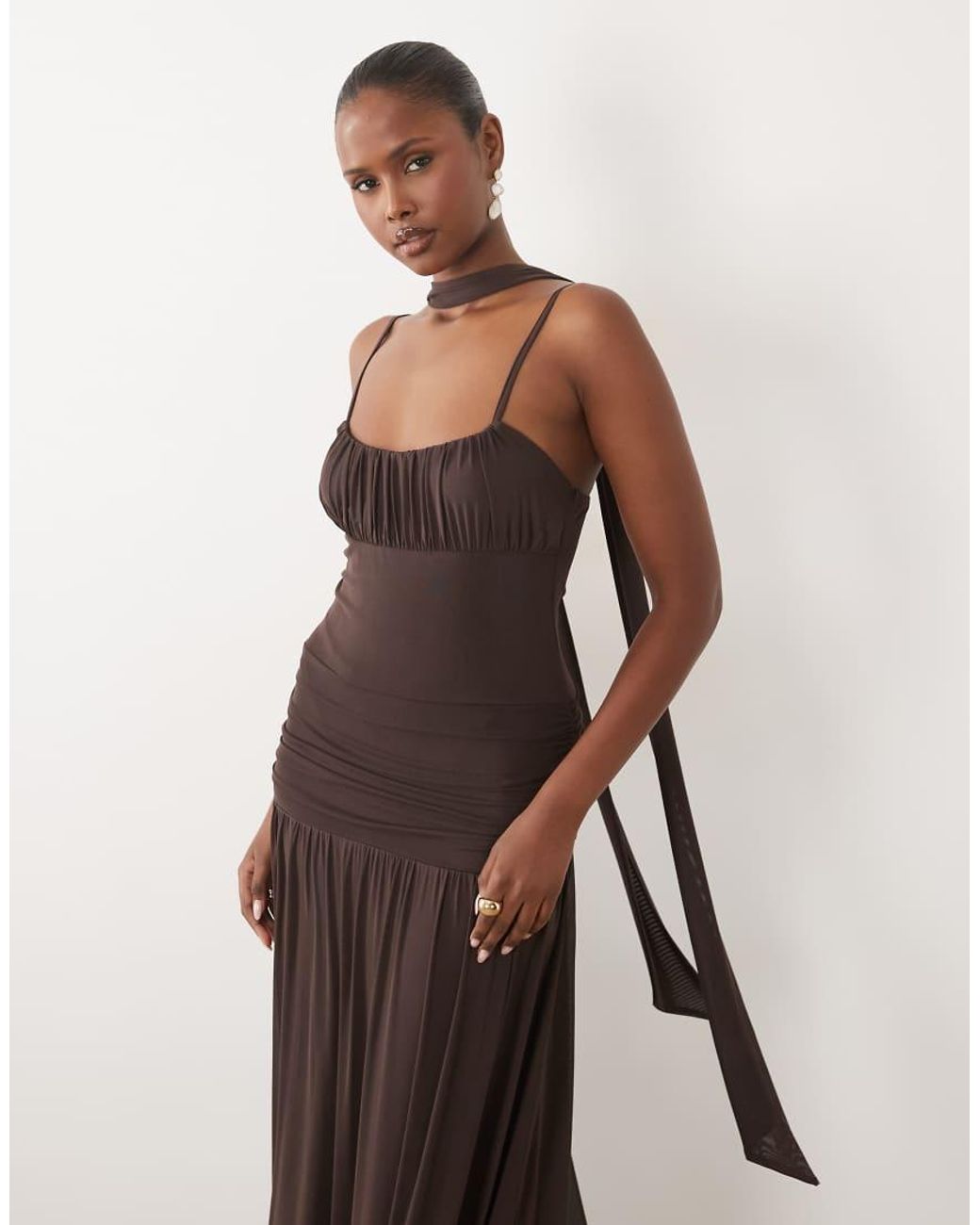 ASOS Brown Ruched Bust Mesh Maxi Dress With Scarf Detail