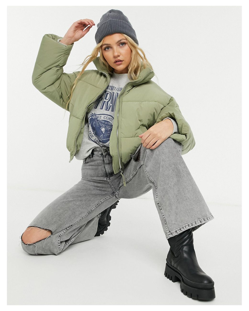 Bershka oversized puffer jacket in metallic silver