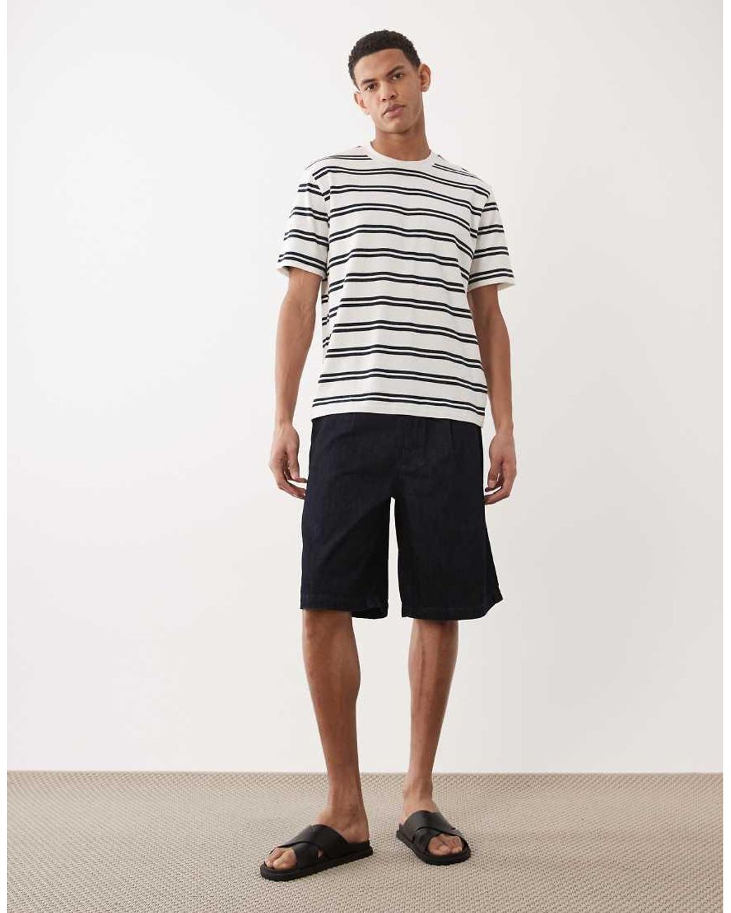 Mango White Cotton Rich Striped T-Shirt for men