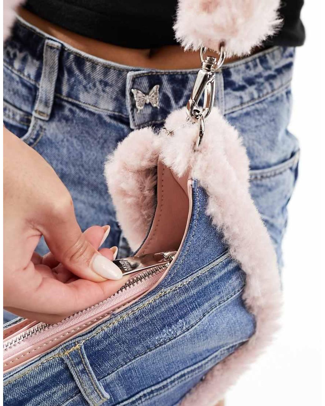 Miss Sixty Mini Denim Handbag With Pink Faux Fur Details in Blue Lyst UK