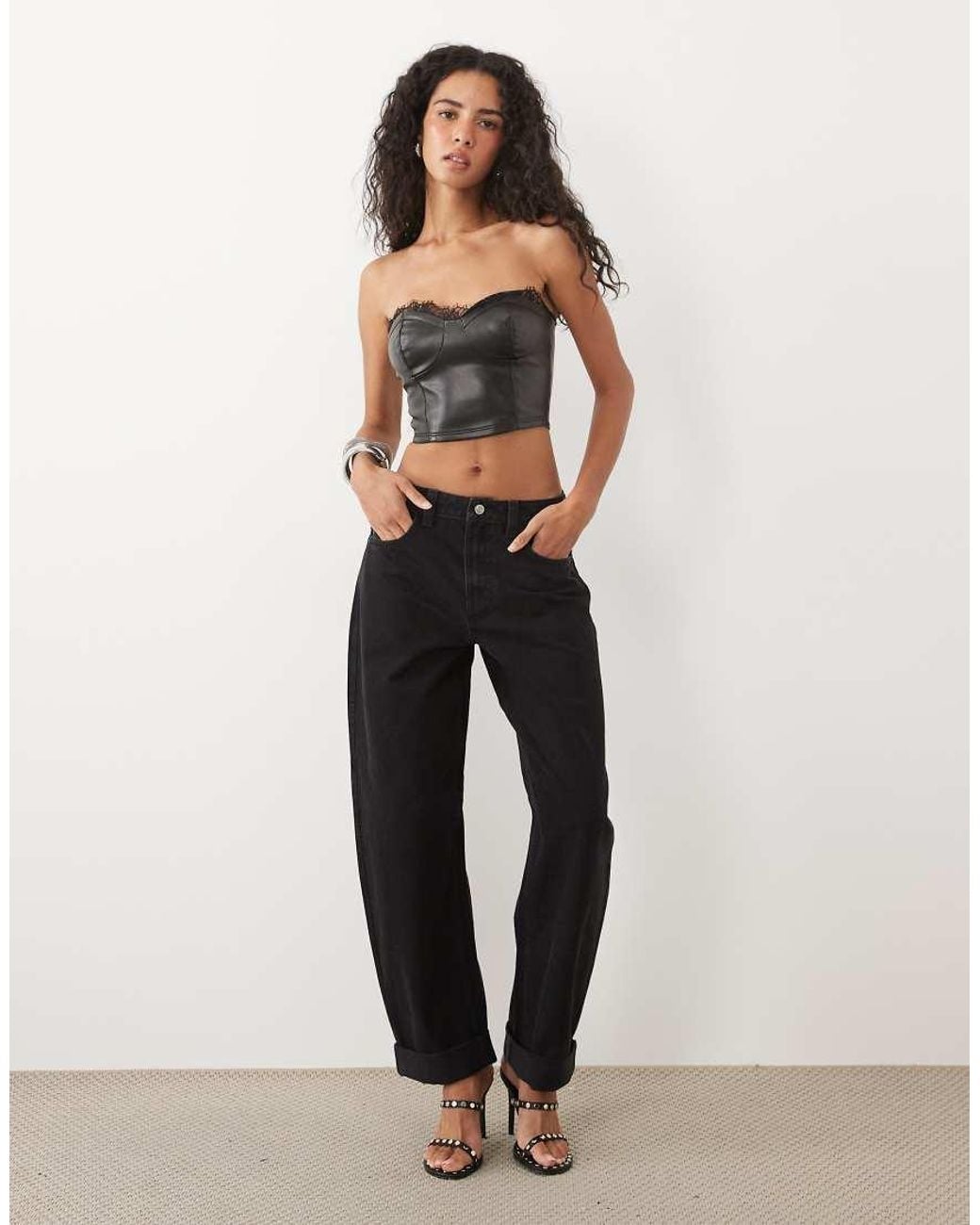 Miss Selfridge Black Faux Leather Bandeau Top With Lace Trim