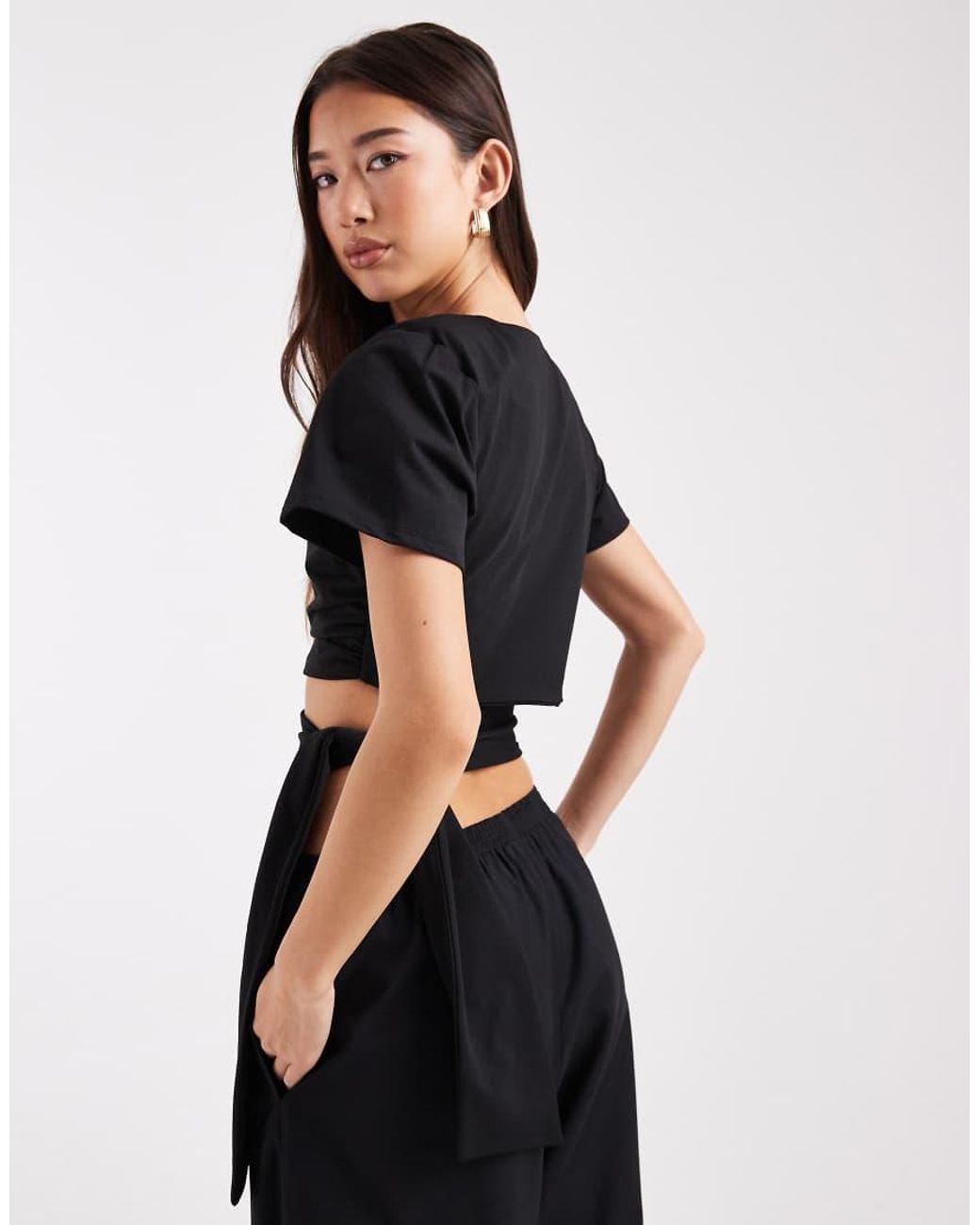 ASOS Black Crop T-shirt With Shoulder Pads And Tie Side Waist
